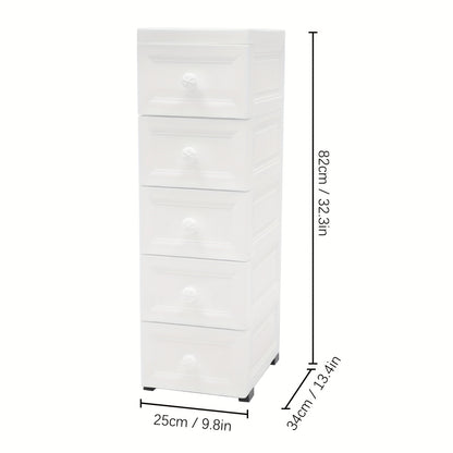 Ladenkast – Ladekast – Kommode – Opbergkast – Dressoir – Modern – 5 Lades – Wieltjes – Wit – Kunststof – Compact 25x34x82 cm