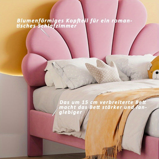Meisjesbed 90x200 cm – Jongensbed – Kinderbed – Teenbed – Logeerbed – Roze Fluweel Gevoerd – Bloemvormige Rugleuning – Lattenbodem