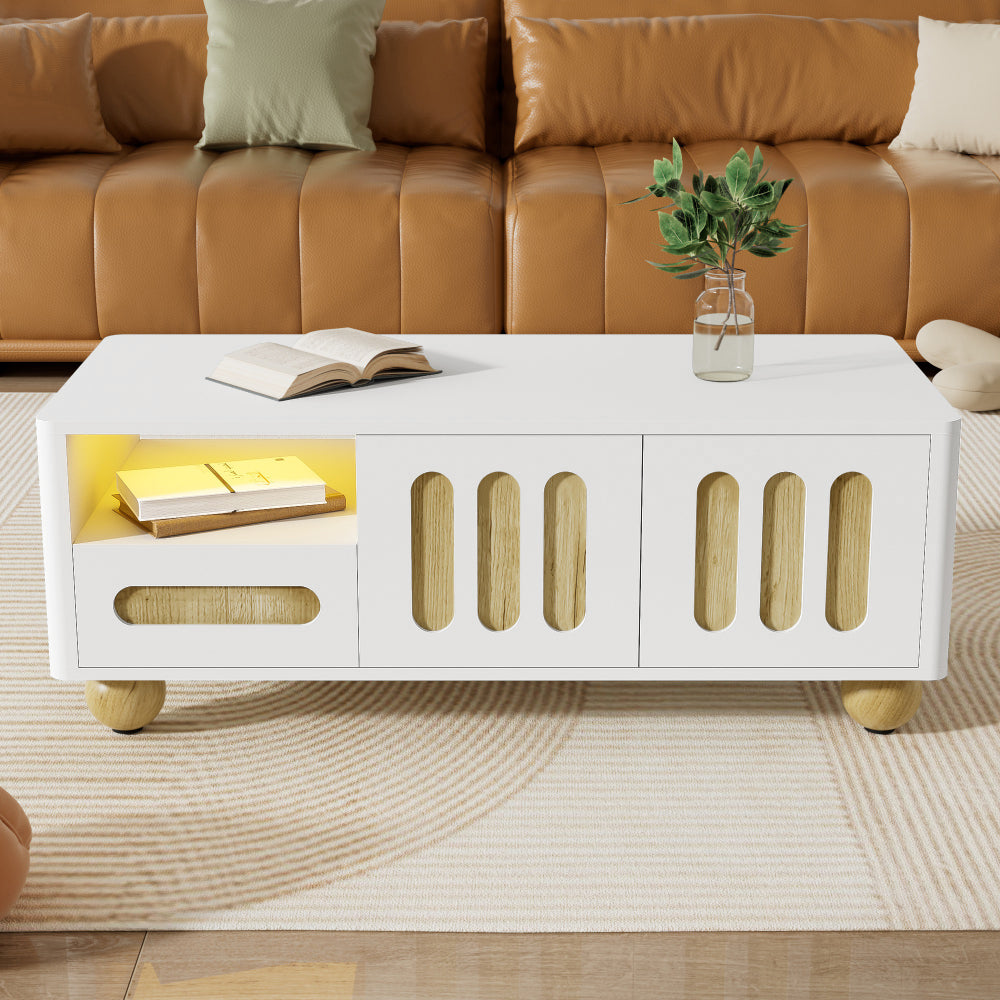 Salontafel – Koffietafel – Woonkamertafel – Bijzettafel – Tafel – Wit Houtlook – 105x50x40 cm – Met 4 Deuren en 2 Lades – Afgeronde Hoeken en Bolvormige Poten