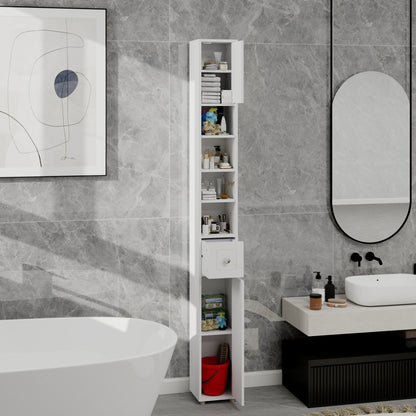 Badkamerkast – Medicijnkast – Kolomkast – Opbergkast – Wastafelonderkast – Hoog en Slank – 180 cm – 2 Deuren, 1 Lade, 4 Verstelbare Planken – Vrijstaand – Wit
