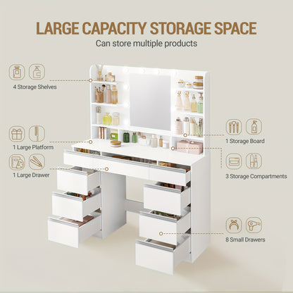 Dressing Table, 3 Colors, Adjustable Brightness, Large HD Mirror, 1 Large Drawer And 8 Small Drawer Cabinets, 9 Open Shelves, White