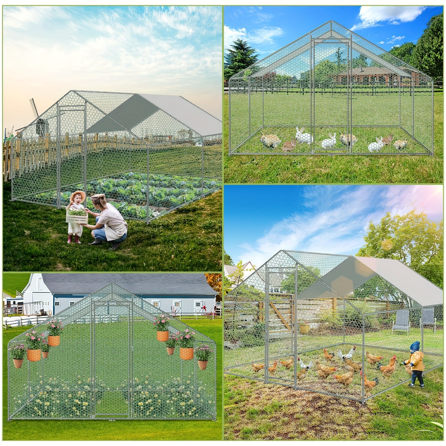 Kippenren – Kippenhok – Buitenren – Pluimveestal – Ren Voor Kleine Dieren – Gegalvaniseerd Staal – 3x2x2 Meter – UV-Bestendig Zonnezeil