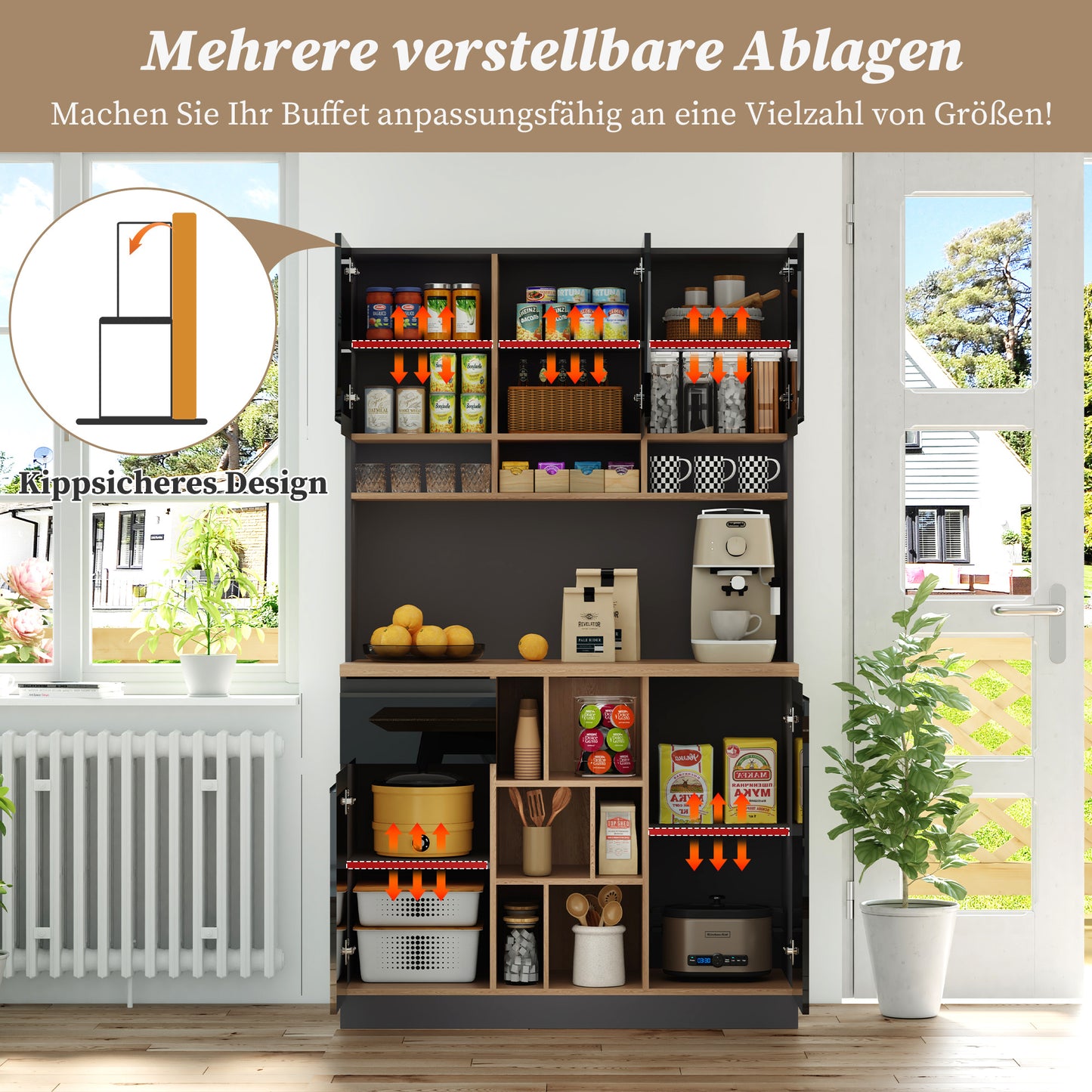 Keukenkastje – Buffetkast – Dressoir – Opbergkast – Hoge Kast –  Zwart – 185 cm Hoog – 3 cm MDF Werkblad Met Houtlook
