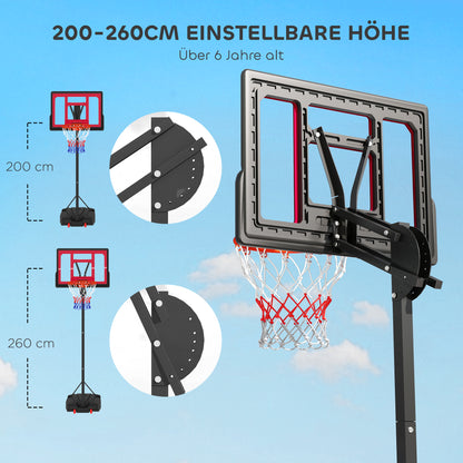 Basketbalring – Basketbalbord – Basketbalnet – Basketbalsysteem – Basketbaldoel – Verstelbaar 200-260 cm – Met Wieltjes – Rood – Voor Buitengebruik