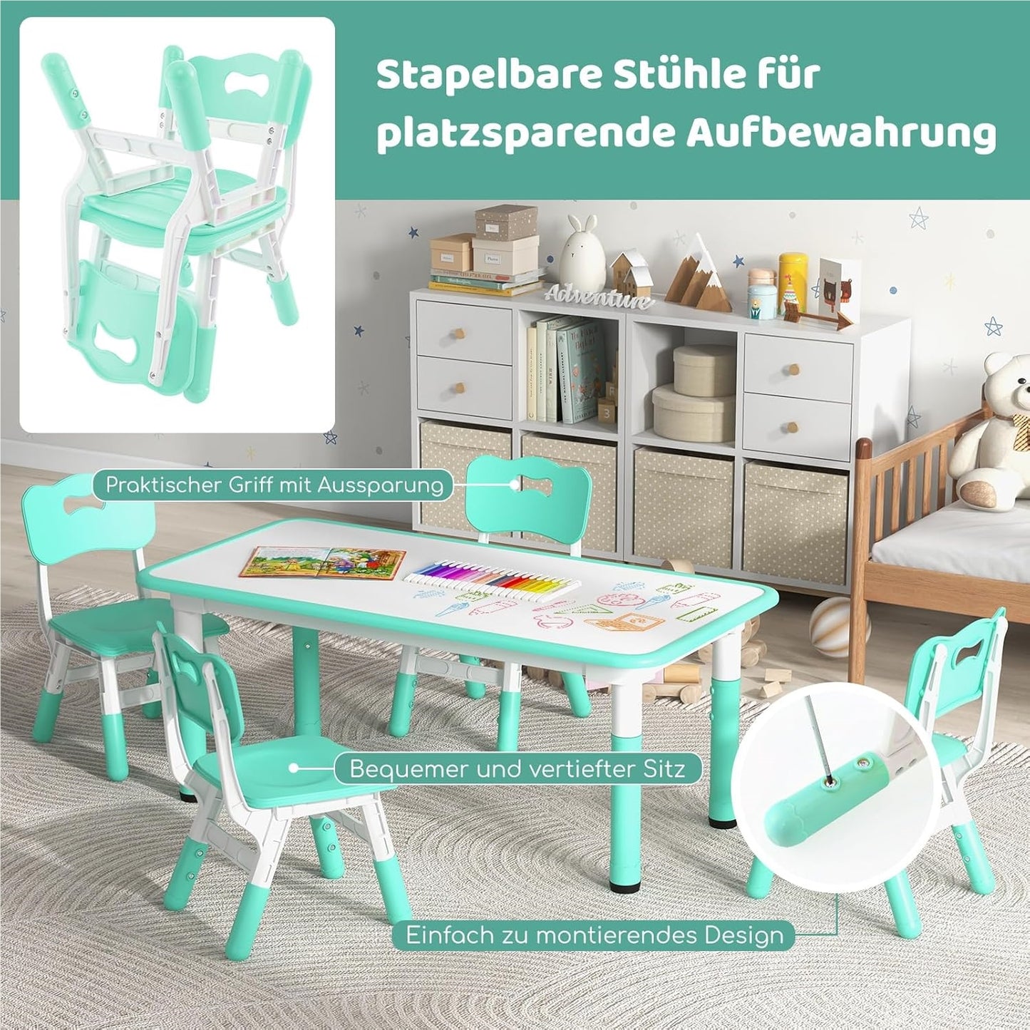 Verstelbare Kindertafel – Kinderbureau – Tafelset – Speeltafel – Eettafel – Met 4 Ergonomische Stoelen – Graffiti Tafelblad – Hoogte Verstelbaar – Veilig & Duurzaam – Groen