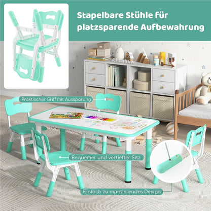 Verstelbare Kindertafel – Kinderbureau – Tafelset – Speeltafel – Eettafel – Met 4 Ergonomische Stoelen – Graffiti Tafelblad – Hoogte Verstelbaar – Veilig & Duurzaam – Groen