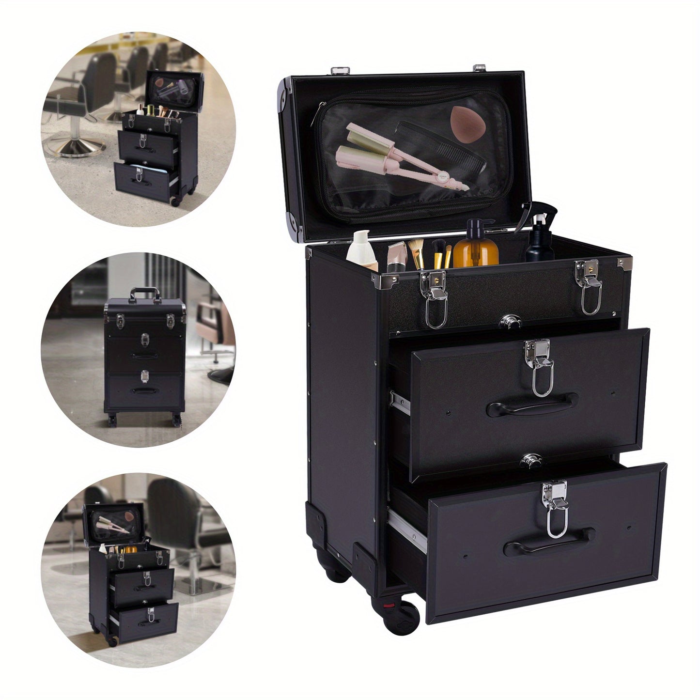 Make-up Koffer – Make-up Trolley – Cosmetica Opbergkoffer – Beauty Koffer – Make-up Kist – Aluminium Frame – 3-laags Met Wieltjes – Zwart