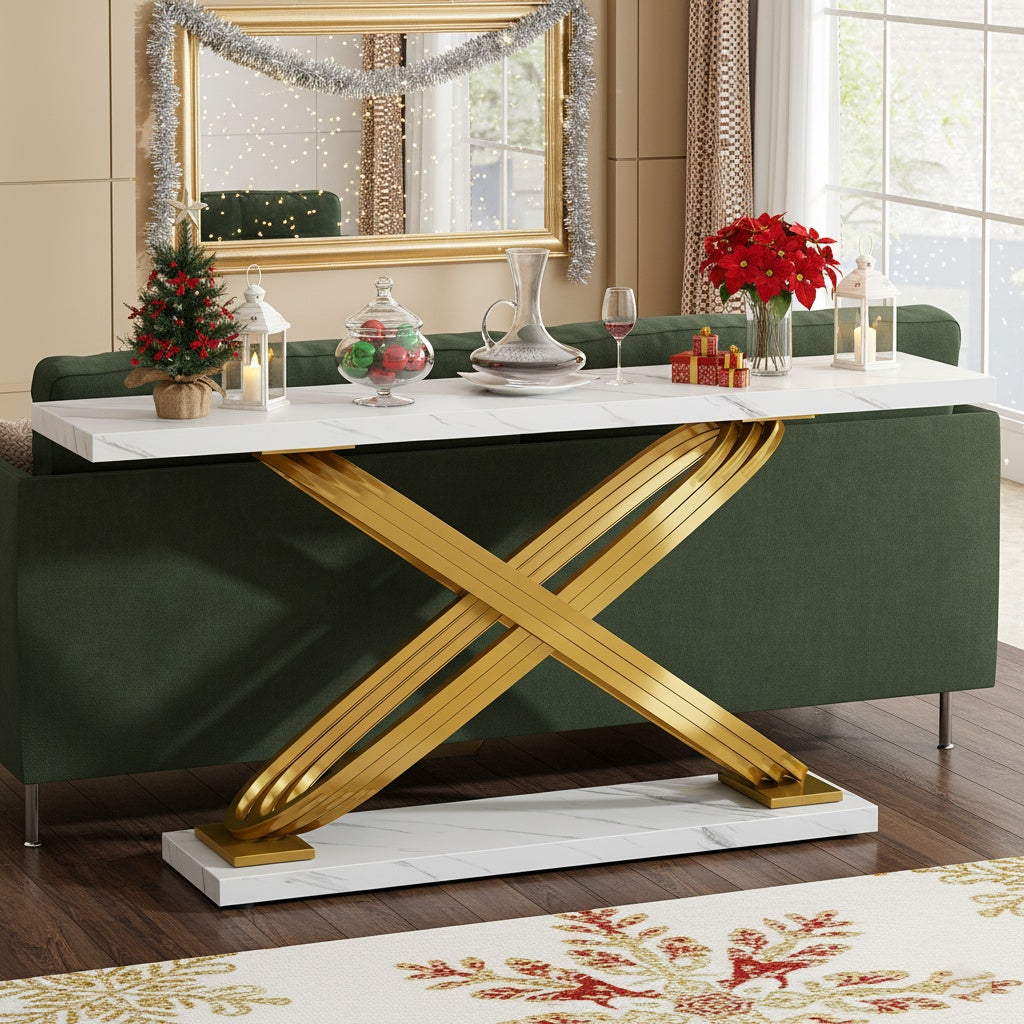 Moderne Sidetable – Console Tafel – Haltafel – Sofa Tafel – Smalle Tafel – Gouden Metaal Frame – Kunstmarmeren Blad – 139,7 cm – Verstelbare Hoogte