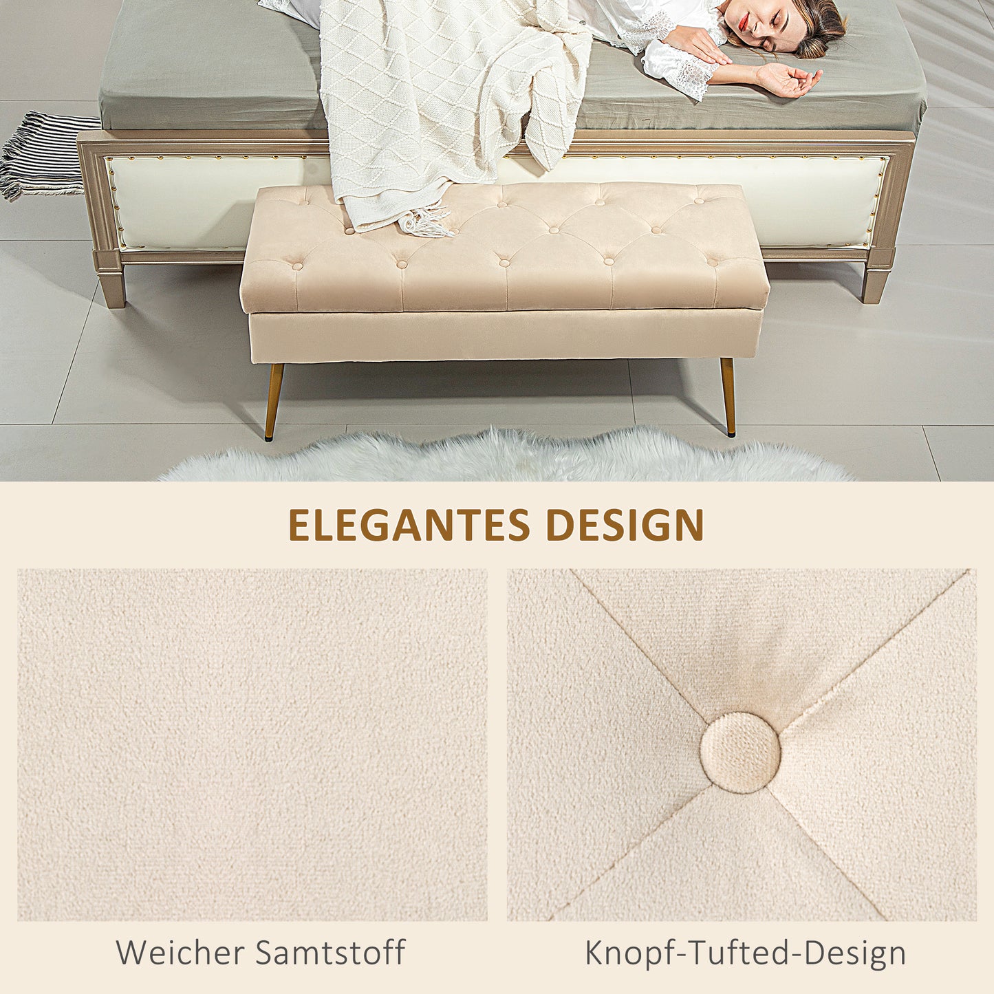Opbergbank – Opbergbank – Poef – Zitbank – Hocker – Beige Velvet-Look – Getufte Bekleding – Stevig Metalen Frame – 102x35x43 cm