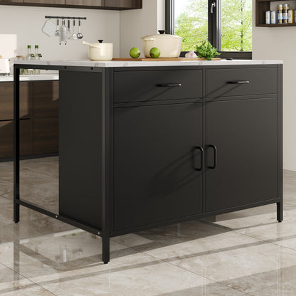 Modern Industrial Kitchen Island Table with Storage - Heavy-Duty Metal Construction, Black Bar Counter, Adjustable Legs - Space-Saving Dining or Living Room Furniture for Small Apartments - Easy-Clean Surface, Kitchen Table,