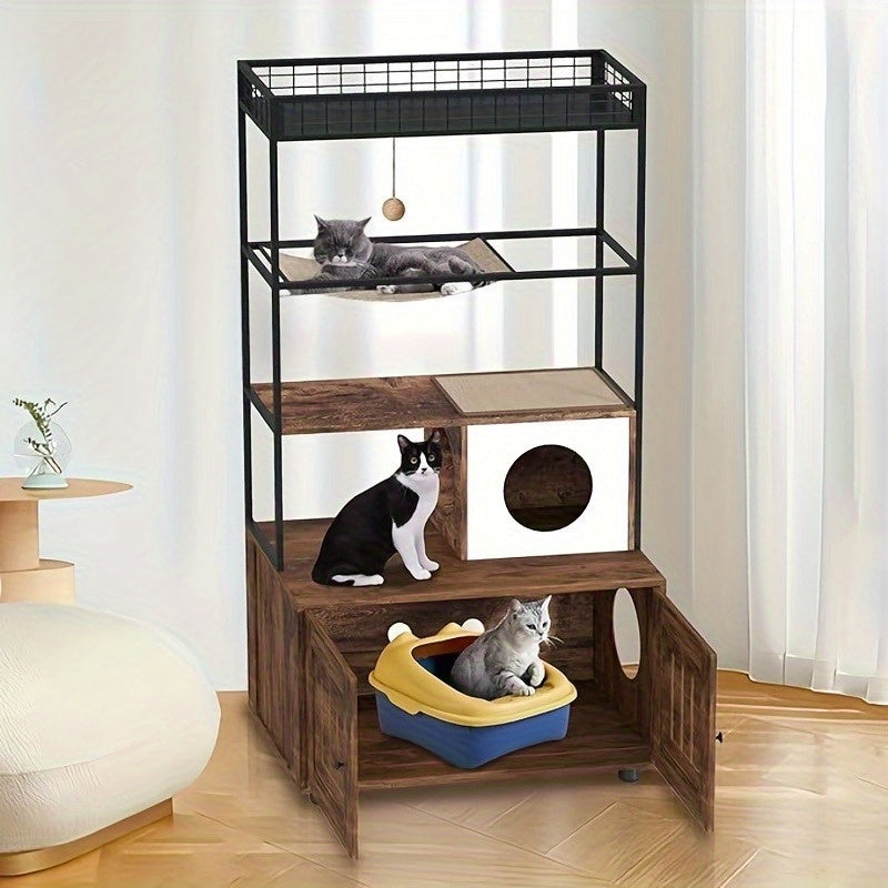 Multi-Level for cat Cabinet with Litter Box Enclosure, Metal Shelves, Hanging Bed & Play Ball - Double Door for cat House with Hidden Litter Box, Spacious for cat Cave with Entrance Tunnel - Sturdy Modern Design for Indoor fo