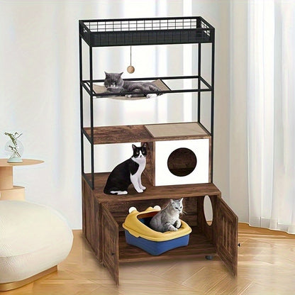 Multi-Level for cat Cabinet with Litter Box Enclosure, Metal Shelves, Hanging Bed & Play Ball - Double Door for cat House with Hidden Litter Box, Spacious for cat Cave with Entrance Tunnel - Sturdy Modern Design for Indoor fo