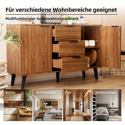 Dressoir – Opbergkast – Ladekast – Sideboard – Buffetkast – Mid-Century Modern Design – Houtcombinatie Hardhout & Spaanplaat – Ruime 3,2 Kubieke Voet Inhoud – Schuifdeuren en Laden – Vrijstaand 68,5 cm Hoog