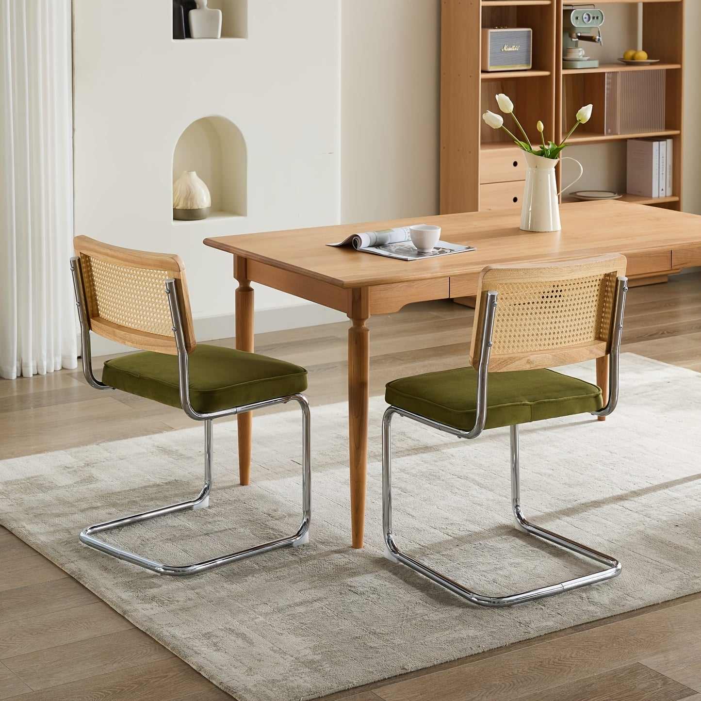 Two-piece Medieval-modern Dining Chair Set | Velvet Upholstered Seats, Natural Rattan Backrests, Stainless Steel Chrome-plated Base in Olive Green, Classic Style, Spot-clean Care