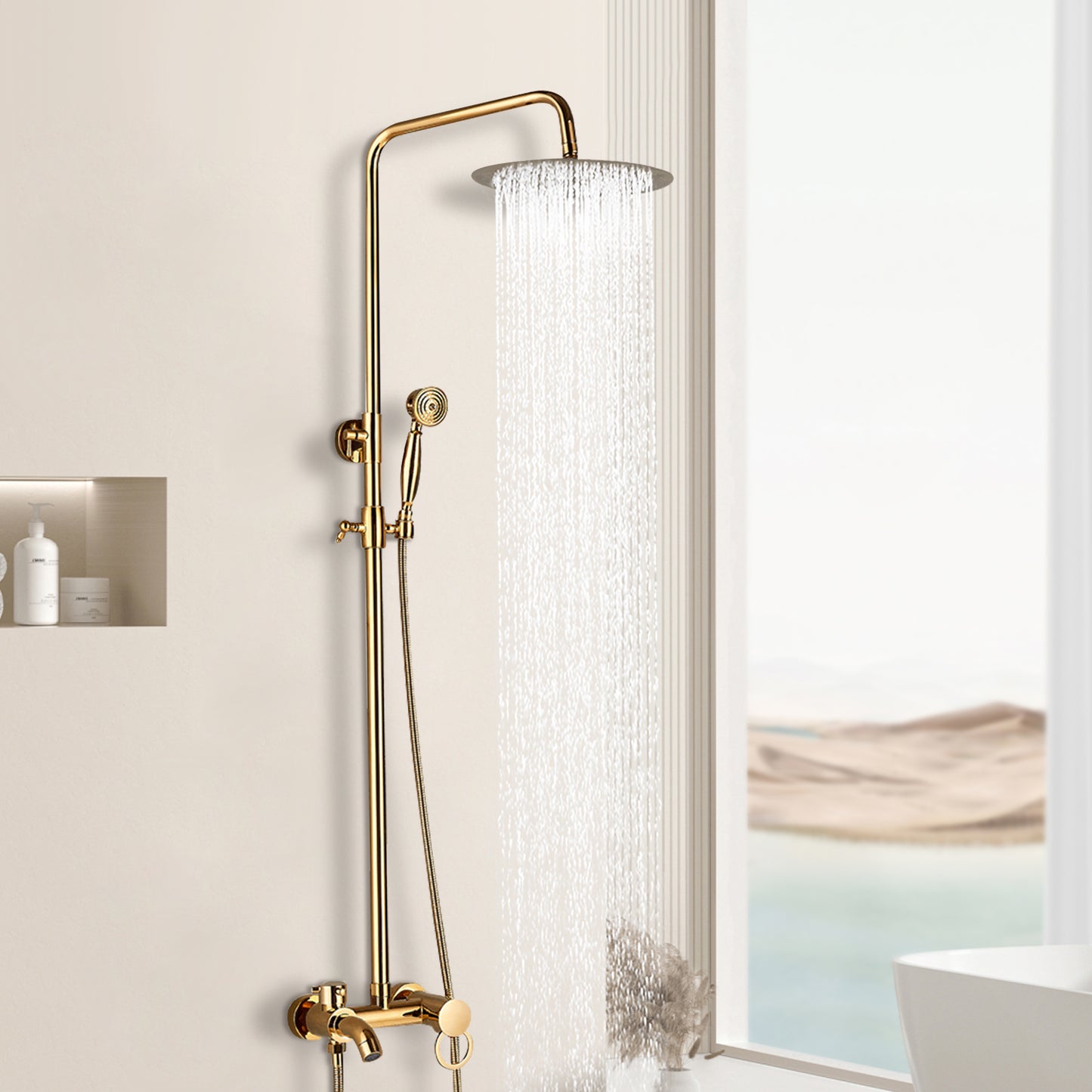 CNCEST Luxury Golden Shower Set with Handheld Spray & 20cm Rain Shower Head - Adjustable Height 31.5-46 Inch Wall-Mounted Brass & Stainless Steel Bathroom Faucet System, Modern Circular Design for Home & Hotel Bathrooms, Comp