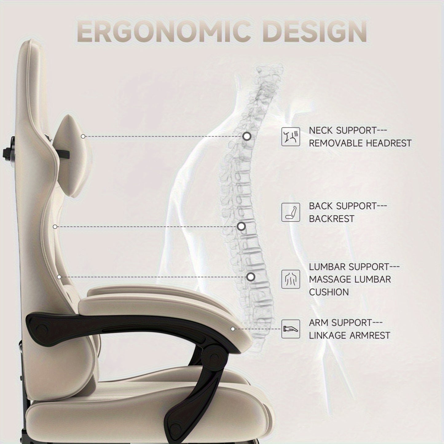 Gamingstoel – Bureaustoel – Gamestoel – Werkstoel – Bureauzetel – Ergonomisch Design – Memory Foam Zitting – Beige Kleur – Met Voetensteun