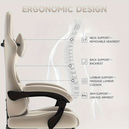 Gamingstoel – Bureaustoel – Gamestoel – Werkstoel – Bureauzetel – Ergonomisch Design – Memory Foam Zitting – Beige Kleur – Met Voetensteun