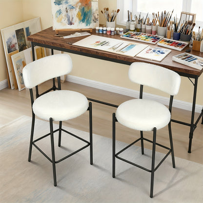 Set of 2 Modern Teddy Boucle Counter Height Chairs & Bar Stools - Plush Round Thick-Seated Padded Dining Set with Black Carbon Steel Frame, Kitchen, Cafe, Breakfast Nook Furniture for or Commercial Use - Easy Assembly