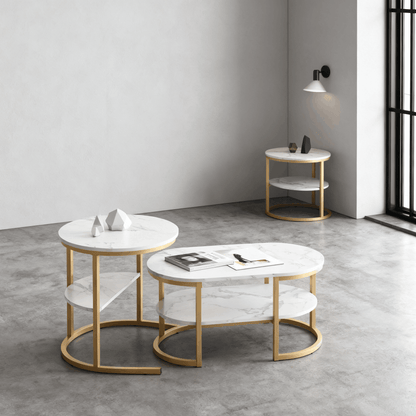 Ronde Salontafel Set – Bijzettafel – Sofa Tafel – Nestbare Tafels – Marmerlook – MDF Metalen Poten – Ruimtebesparend Design – Gouden Variant