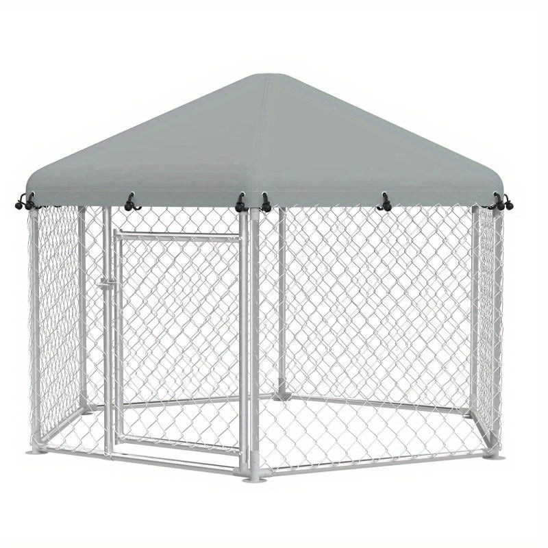 Hondenkennel – Buitenren – Hondenhok – Dierenverblijf – Hondenkooi – Gegalvaniseerd Staal – Zonnescherm Dak – 210x185x150 cm – Afsluitbare Deur – Weerbestendig