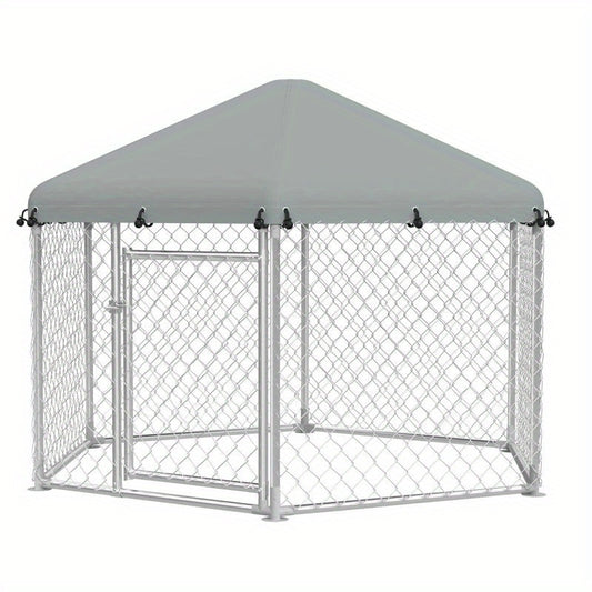 Hondenkennel – Buitenren – Hondenhok – Dierenverblijf – Hondenkooi – Gegalvaniseerd Staal – Zonnescherm Dak – 210x185x150 cm – Afsluitbare Deur – Weerbestendig