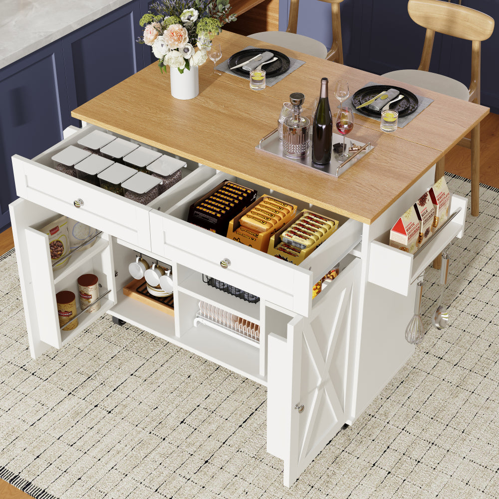 Modern White Metal Kitchen Island with Storage Cabinets, Serving Trolley & Snack Rack - Multifunctional Mobile Cart with Locking Casters, Dishwasher-Safe Countertop, Easy Assembly, Space-Saving Design for Small Kitchens, Dini