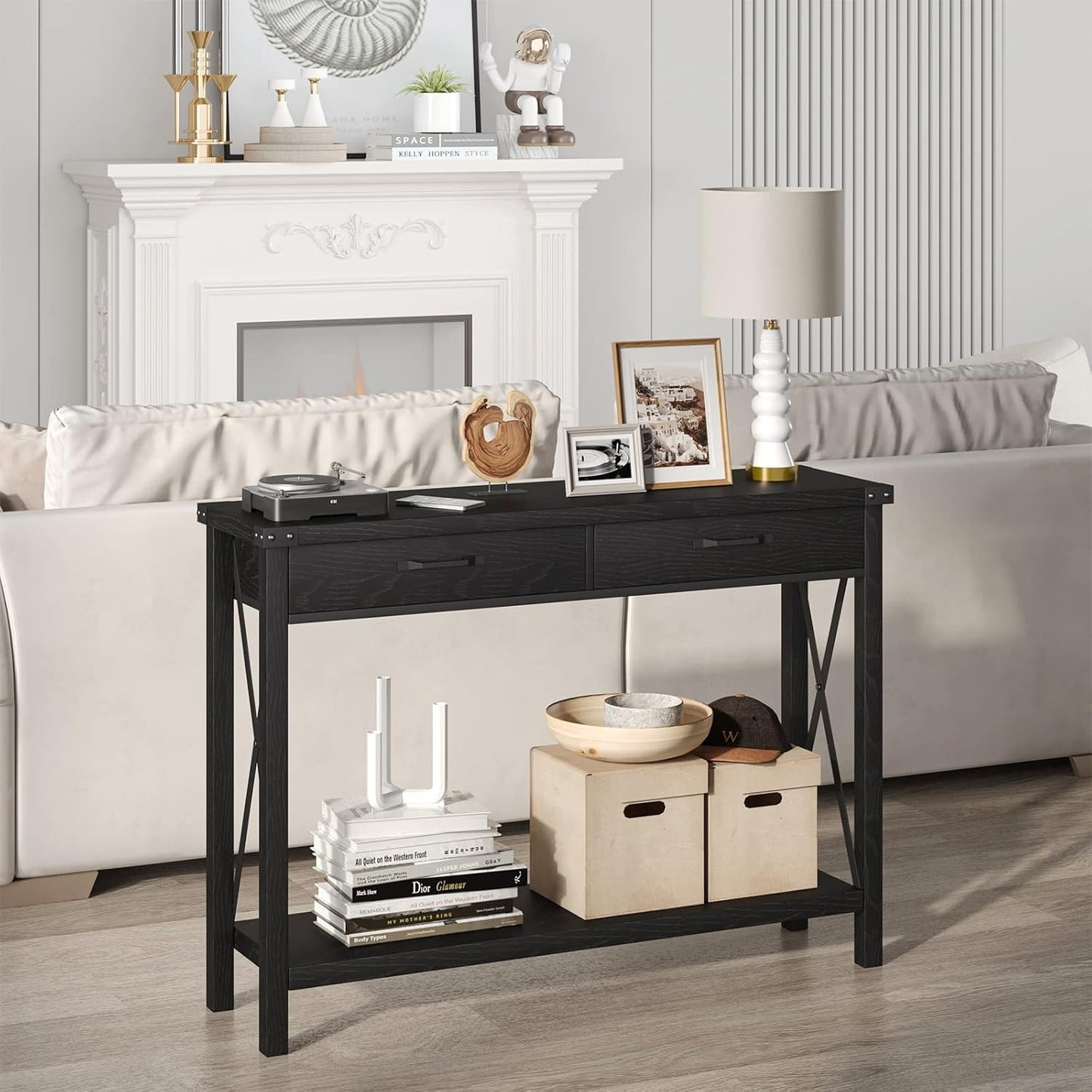 Dressoir – Opbergkast – Ladekast – Sideboard – Buffetkast – Industrieel Smal Design – Metalen Frame & Houtlook Bovenblad – 79 cm Breed – Wit/Zwart