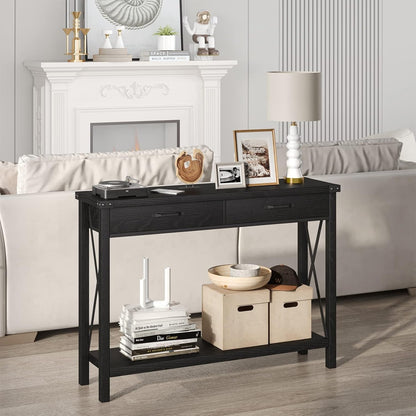 Dressoir – Opbergkast – Ladekast – Sideboard – Buffetkast – Industrieel Smal Design – Metalen Frame & Houtlook Bovenblad – 79 cm Breed – Wit/Zwart