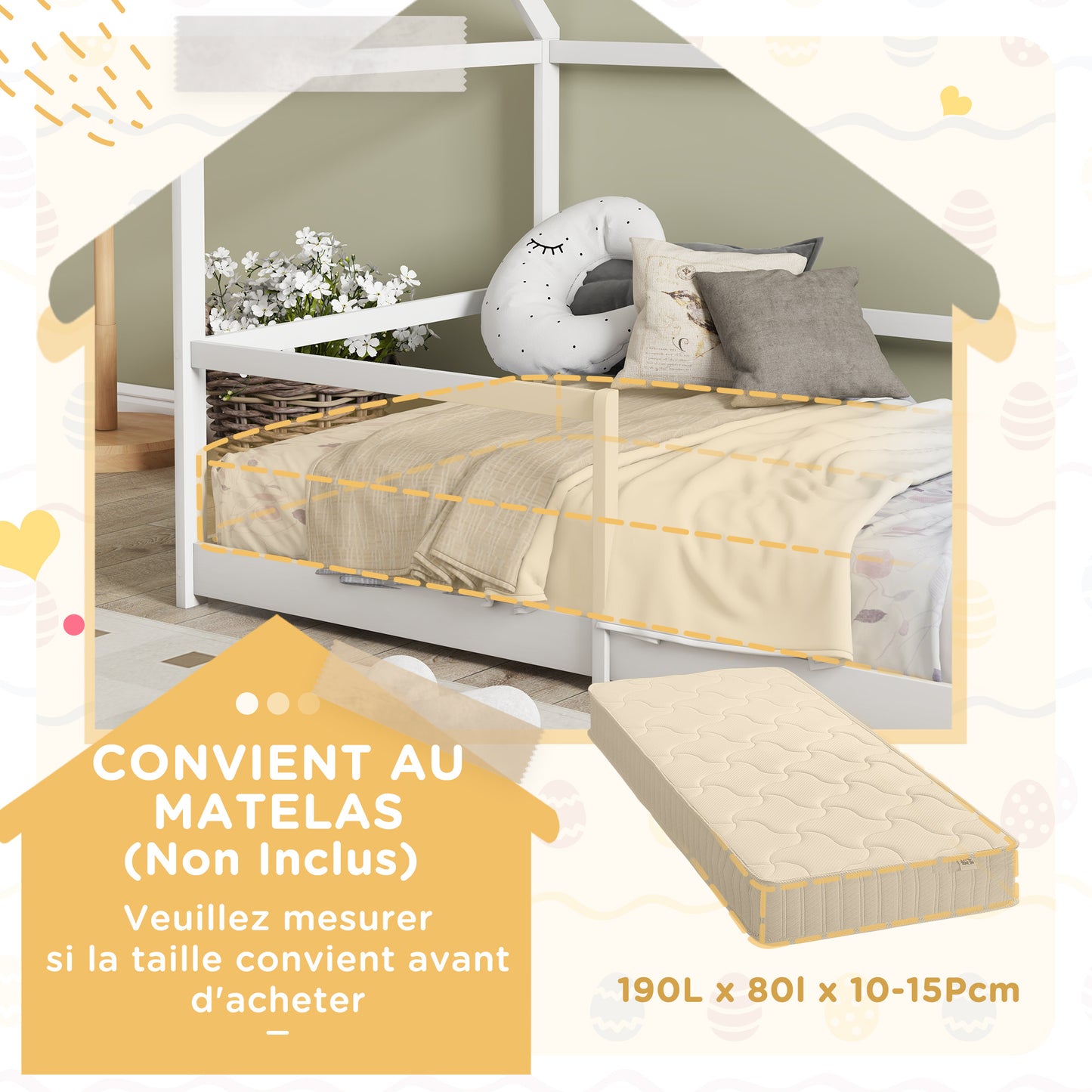 Kinderbed Huis – Cabin Bed – Bunk Bed – Speelbed – Huisbed – Houten Bed – Anti-Val Bescherming – Inclusief Lattenbodem en Dak – Wit – 90x190 cm