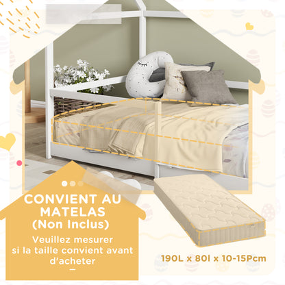 Kinderbed Huis – Cabin Bed – Bunk Bed – Speelbed – Huisbed – Houten Bed – Anti-Val Bescherming – Inclusief Lattenbodem en Dak – Wit – 90x190 cm