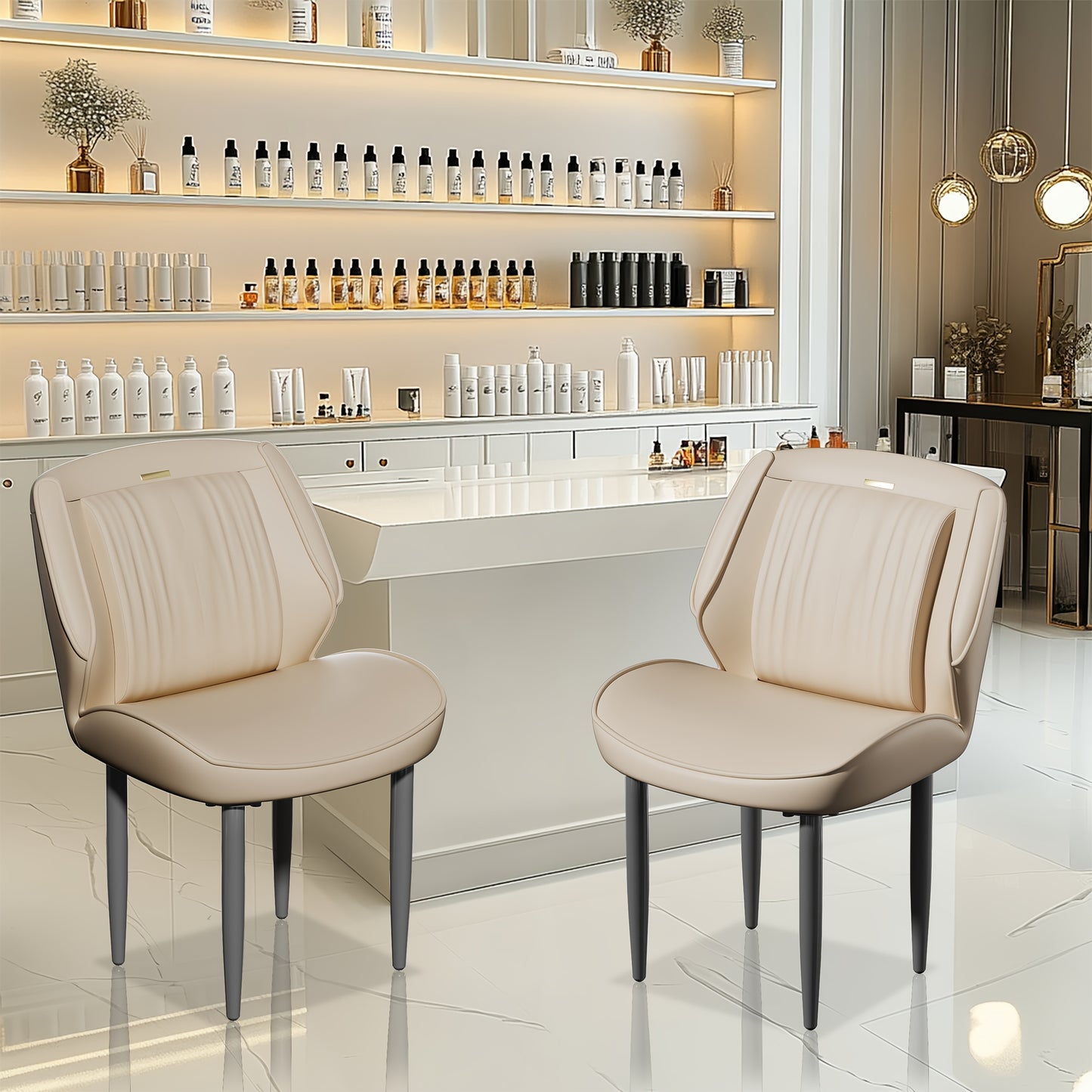 Fativo Set Of 2 Luxury Dining Chairs: Contemporary PUr Upholstered Seat Side Chairs Wide Backrest Light Khaki/ Dark Grey Dining Room Chairs With Armless Gun-gray Metal Legs For Bedroom, Restaurant, Beauty Salons, Hotels