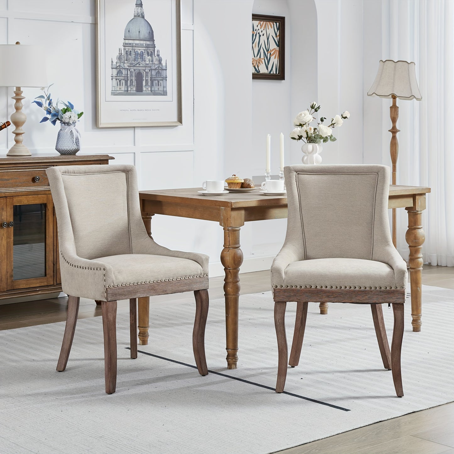 Eetkamerstoel – Stoel – Kuipstoel – Armstoel – Dining Chair – Set Van 2 – Beige – Gouden Metalen Poten – Dikke Gevulde Zitting Met Brede Rugleuning