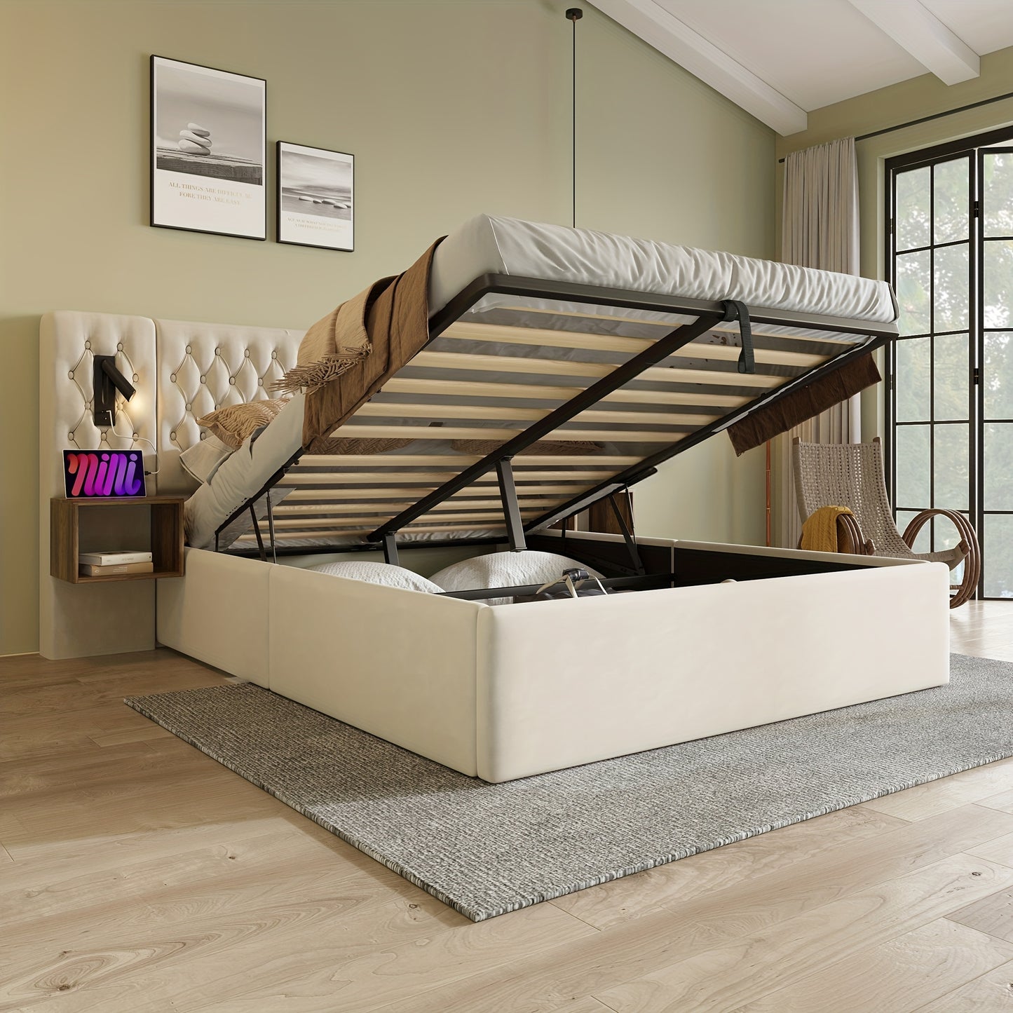 Eenpersoonsbed – Bedbank – Slaapbank – Opbergbed – Logeerbed – Grijs Gestoffeerd – Opbergruimte Onderbed – Lattenbodem – 90x200 cm
