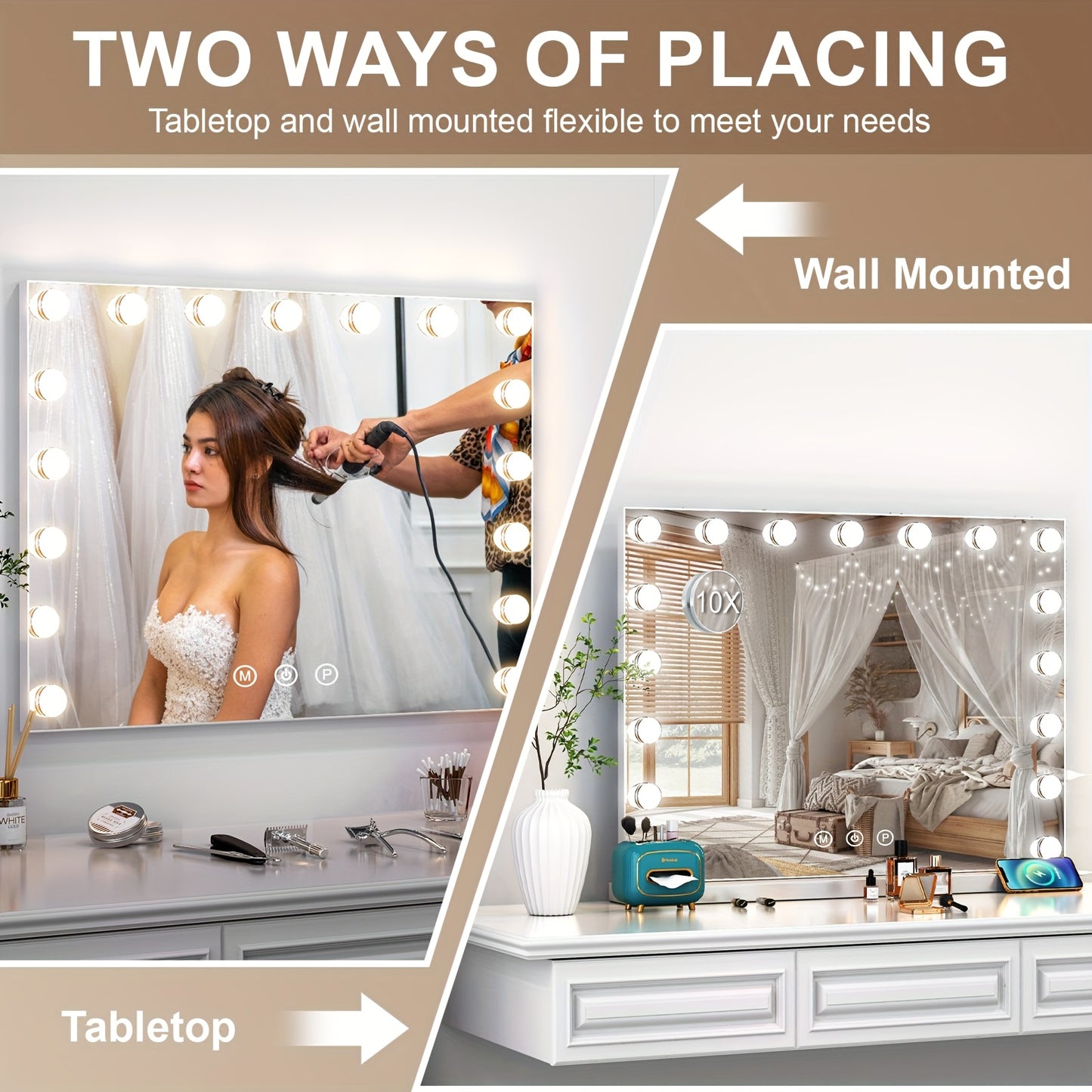 Make-up spiegel – Beautyspiegel – Vergrootspiegel – Verlichte spiegel – Scheerspiegel – 59x52 cm – 17 dimbare LED’s – 3 lichtstanden – USB-aangedreven – Dual mount design