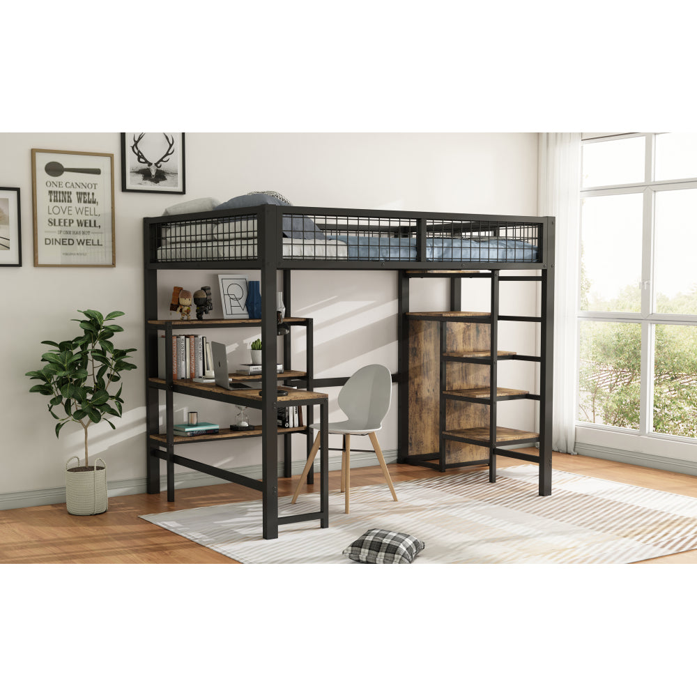 Hoogslaper Bed – Stapelbed – Halfhoogslaper – Bedframe – Bed met Bureau – 140x200 cm – Metaal en MDF – Met Opbergruimte en Kledingkast – Zwart