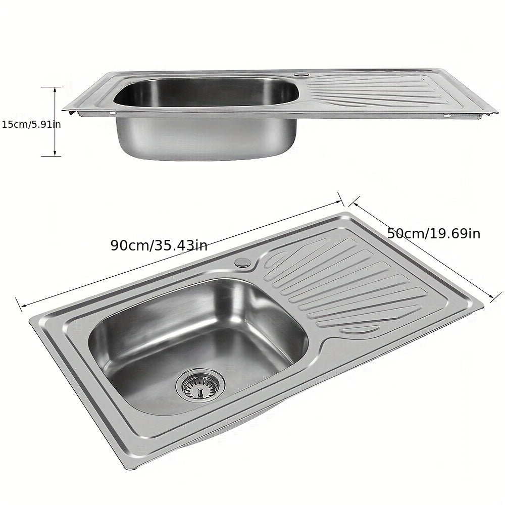 Roestvrijstalen Wastafel – Compacte Wastafel – Enkele Kom – Ingebouwde Afvoer – Camper Wastafel – 90x50x15 cm – Duurzaam Geborsteld Staal – Geschikt Voor Kleine Ruimtes