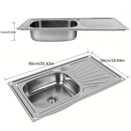 Roestvrijstalen Wastafel – Compacte Wastafel – Enkele Kom – Ingebouwde Afvoer – Camper Wastafel – 90x50x15 cm – Duurzaam Geborsteld Staal – Geschikt Voor Kleine Ruimtes