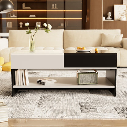 Salontafel – Koffietafel – Tafel – Woonkamertafel – Opbergtafel – Retro-Modern Design – 2 Laden Opbergruimte – Hoogglans Zwart-Wit – Ruim 100 cm – Direct Gebruiksklaar – Duurzaam Materiaal