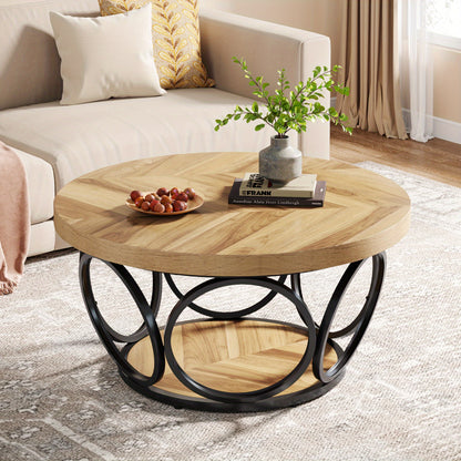 Ronde Salontafel – Houten Tafel – Woonkamertafel – Koffietafel – Opbergtafel – 80 cm Diameter – 2 Lade Niveaus – Natuurlijke Bruin Houtlook
