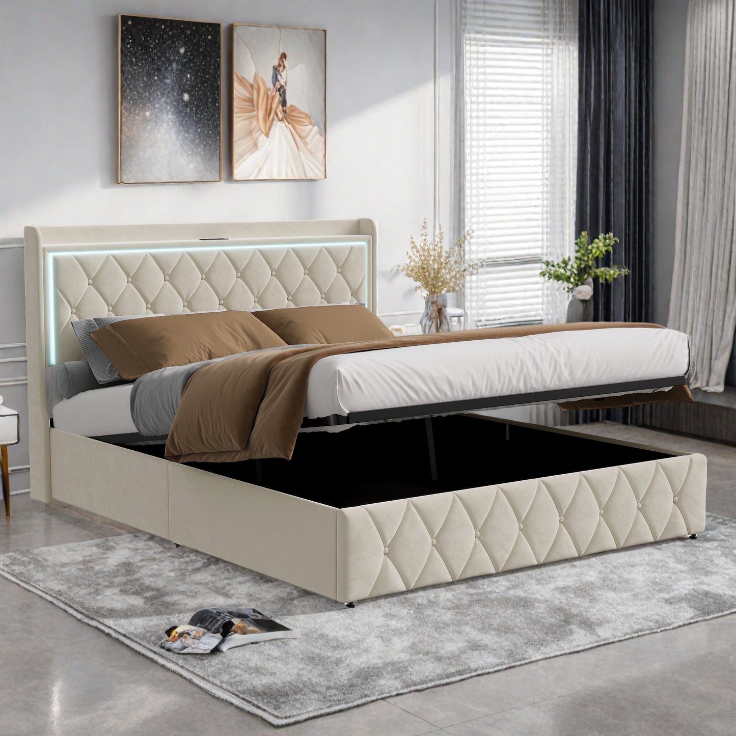 Tweepersoonsbed – Bed Met Opbergruimte – Led Bed – Fluwelen Bed – Oplaadbaar Bed – 140x200 cm – Verstelbare RGB LED Verlichting – Ingebouwde USB- en Type-C Poorten