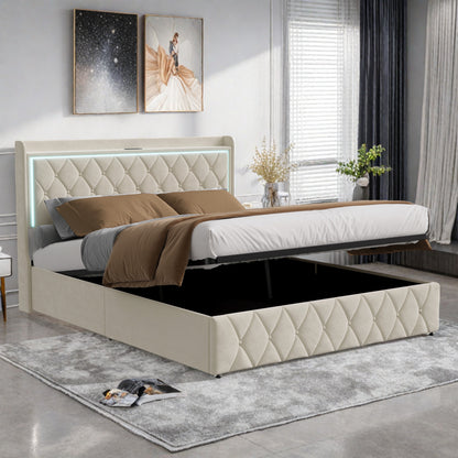 Tweepersoonsbed – Bed Met Opbergruimte – Led Bed – Fluwelen Bed – Oplaadbaar Bed – 140x200 cm – Verstelbare RGB LED Verlichting – Ingebouwde USB- en Type-C Poorten