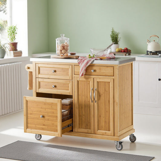 Keukentrolley – Keukenwagen – Serveerwagen – Werkbank op Wielen – Barwagen – Roestvrijstalen Werkblad – Vier Laden – Verstelbare Plank – 115x92x46 cm