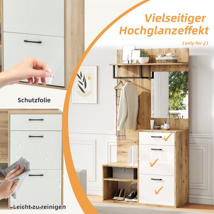 Halmeubel – Kapstok – Schoenenkast – Zitbank – Spiegel – Wit Met Houtlook – Compact Ontwerp 100x38,5x190 cm – Multifunctioneel Met Lade En Opslagruimte