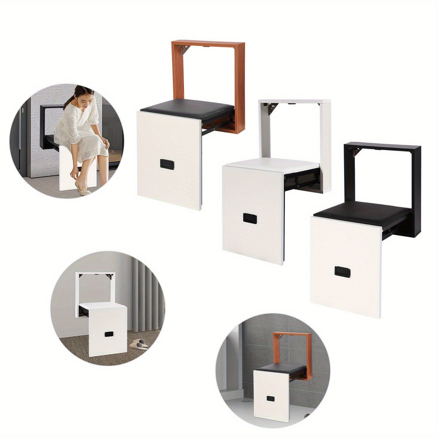 Kluizenkrukje – Inklapbare Wandkruk – Wandstoel – Schoenkrukje – Zitkrukje – Draagkracht 150 kg – Zitting Van Zacht PVC – Ruimtebesparend Design – Wit & Hout