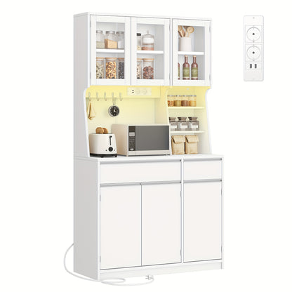 Keukenkast – Keukenbuffet – Keukenkastje – Opbergkast – Witte Keukenkast – Led-verlichting – Ingebouwde Stopcontacten – Verstelbare Planken – 100x40x180 cm – Hardhouten Constructie