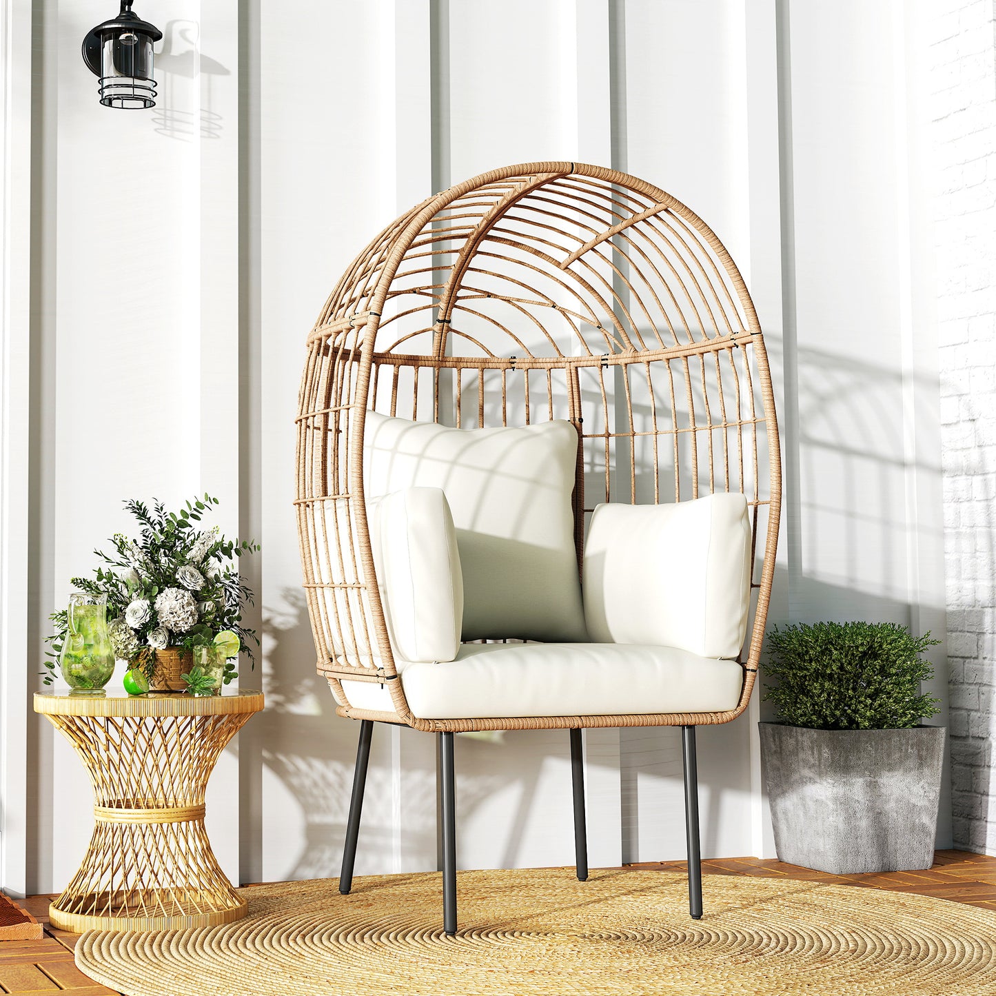 Rotan Ei-Stoel – Rattan Stoel – Tuinstoel – Buitenzetel – Lounge Stoel – Beige – Handgevlochten Rotan – Afneembaar Gewatteerd Kussen – 95x80x155 cm