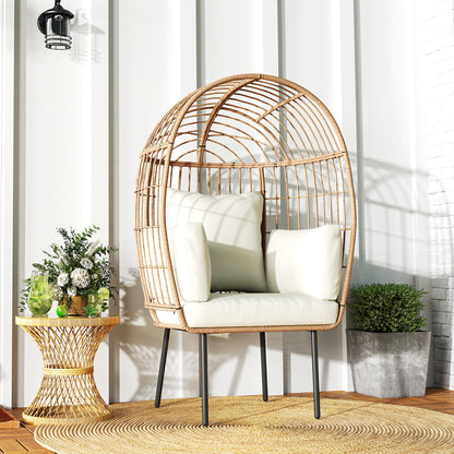Rotan Ei-Stoel – Rattan Stoel – Tuinstoel – Buitenzetel – Lounge Stoel – Beige – Handgevlochten Rotan – Afneembaar Gewatteerd Kussen – 95x80x155 cm