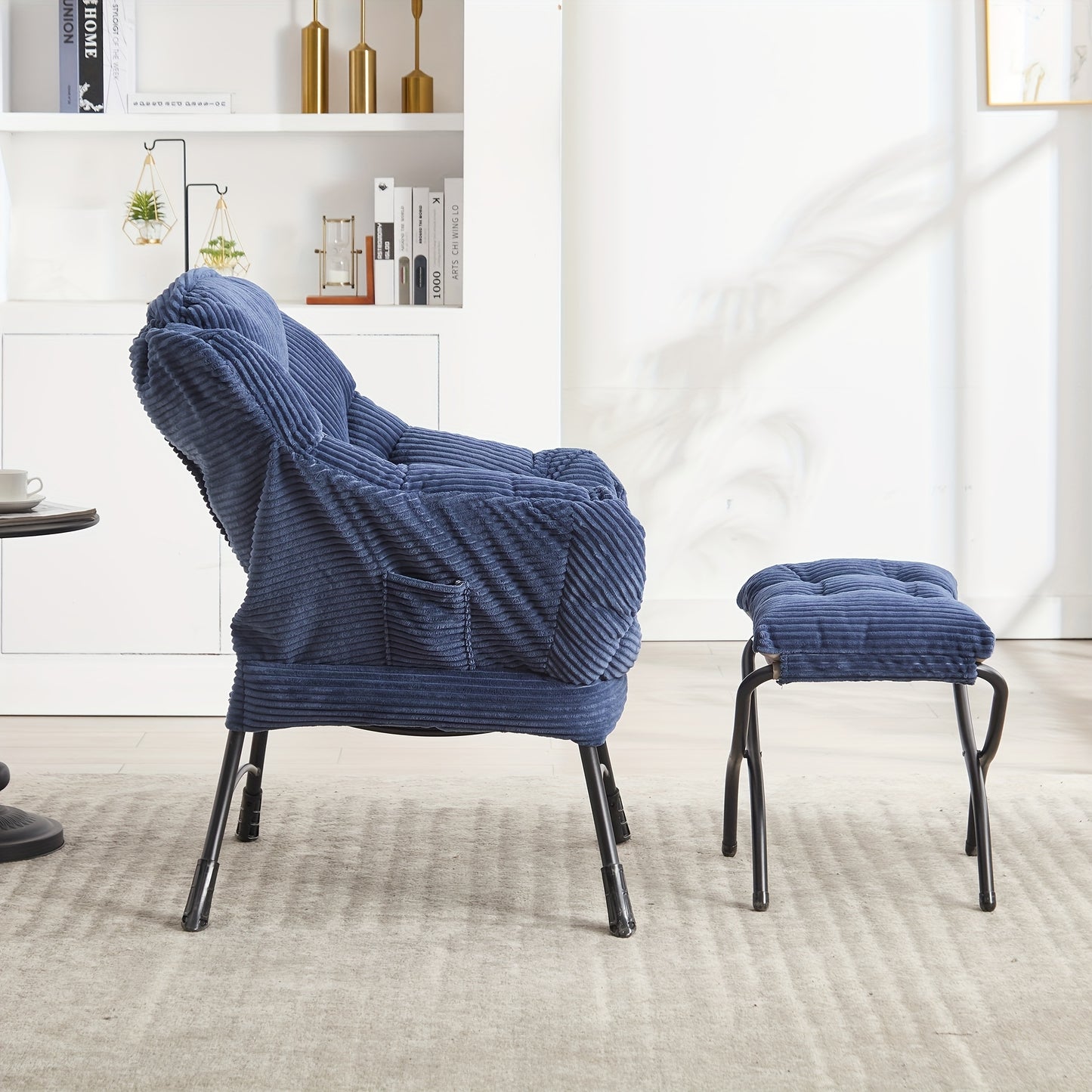 Lounge Chair – Relaxstoel – Fauteuil – Leunstoel – Hoekstoel – Navy Blauw – Met Voetenbank – Stevig Metalen Frame