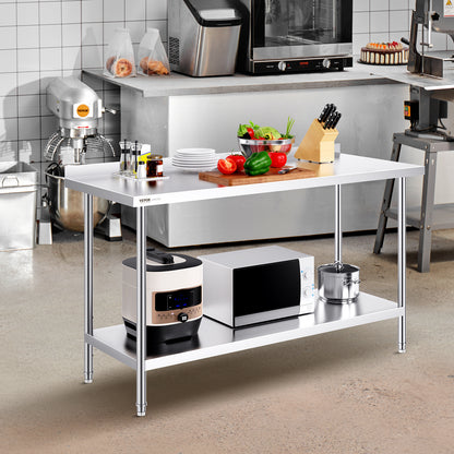 Werktafel RVS – RVS Tafel – Roestvrijstalen Werkbank – Keukentafel – Werkblad – 60 x 24 inch – 0,8 mm Dikte Roestvrij Staal – 3 Verstelbare Legplanken