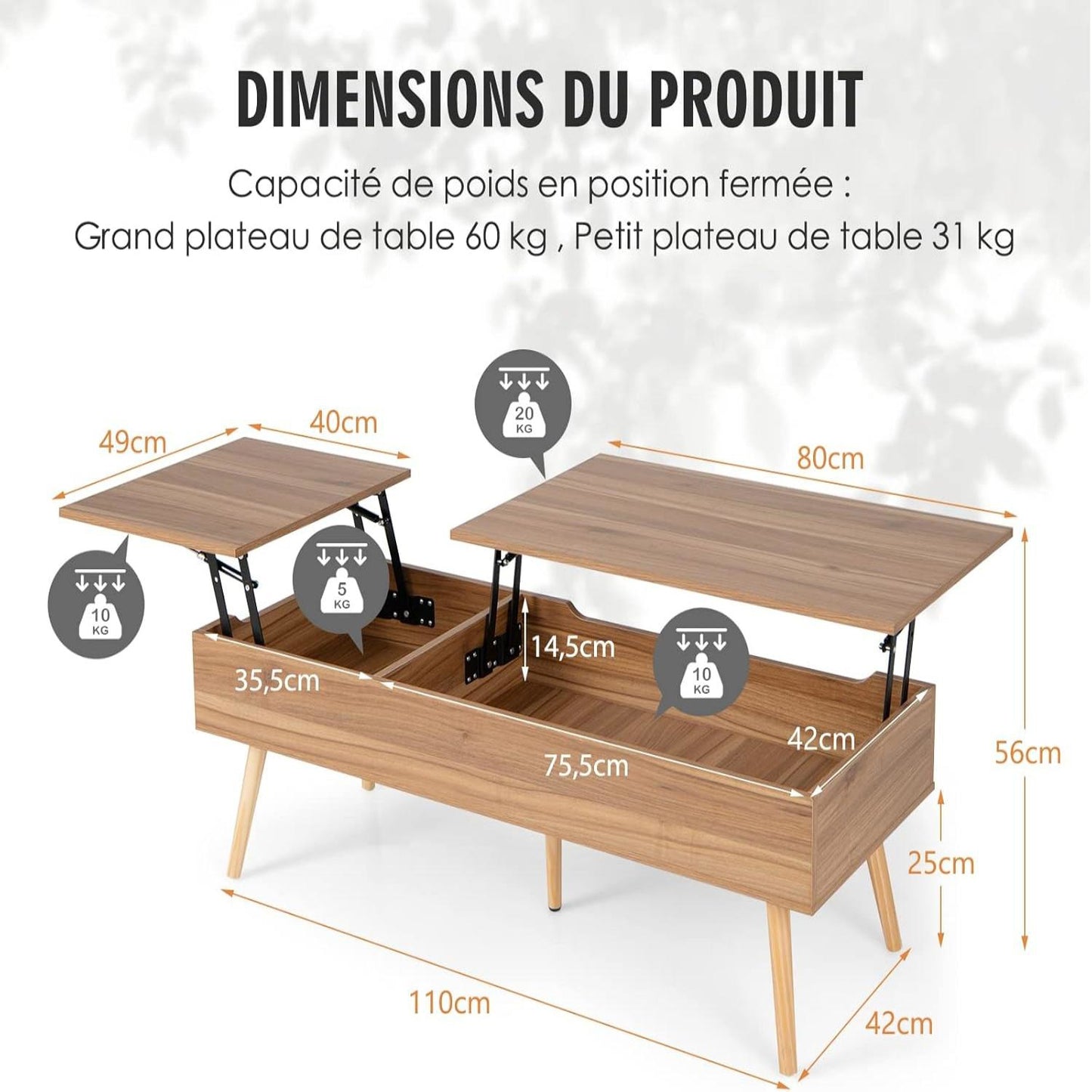 Verstelbare Salontafel – Koffietafel – Bijzettafel – Lounge Tafel – Eettafel – Met Twee Hefbare Trays – Inclusief Verborgen Opbergruimte
